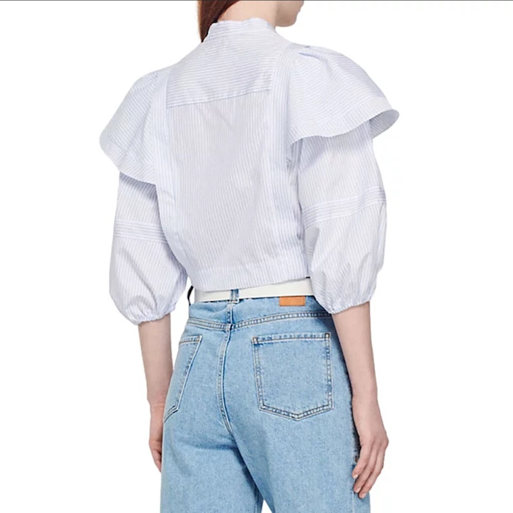 Sandro Yzeure Blue + White Cotton Striped Ruffled Cropped Shirt Size 4, Preppy - Picture 13 of 14